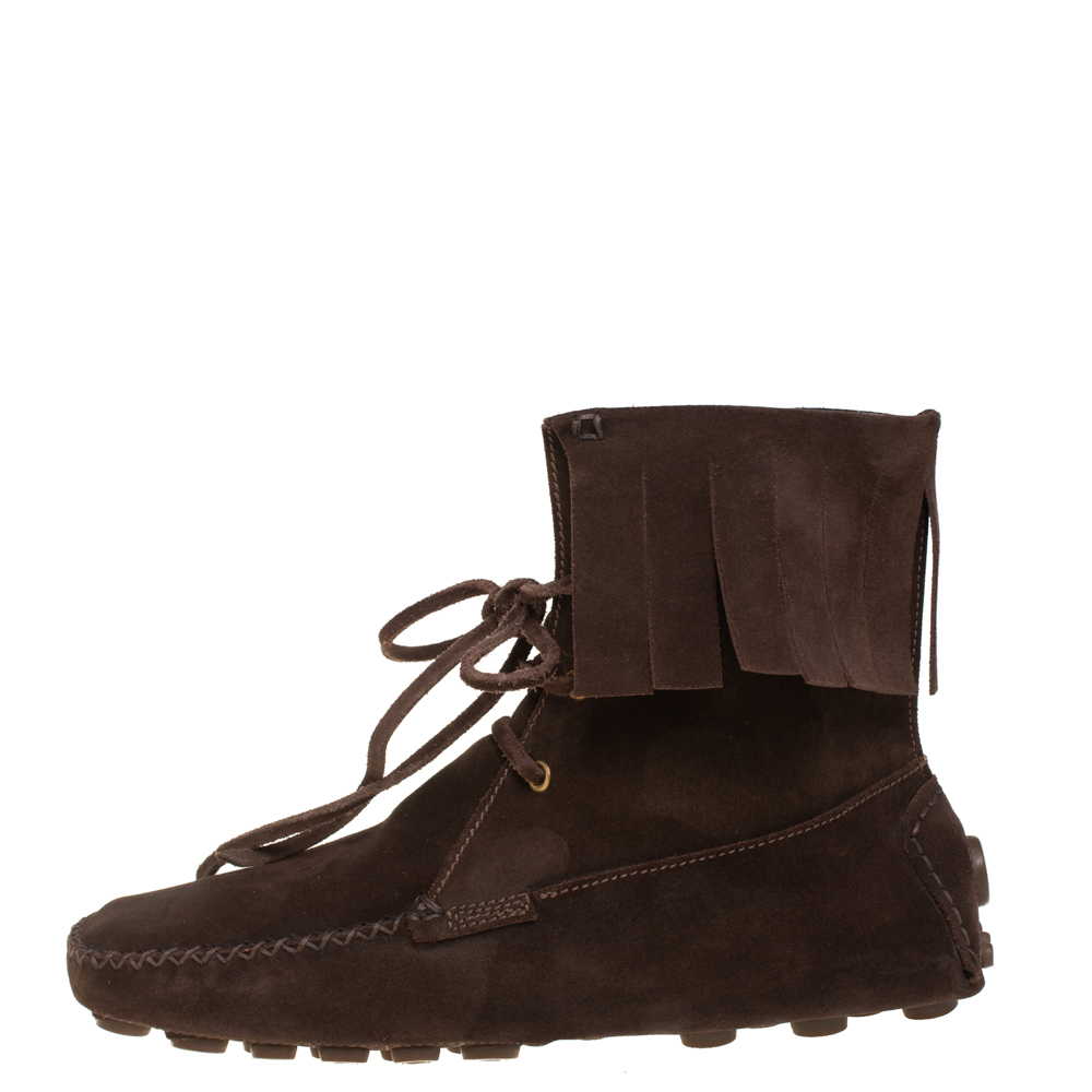 

Saint Laurent Dark Brown Suede Fringe Lace Ankle Boots Size