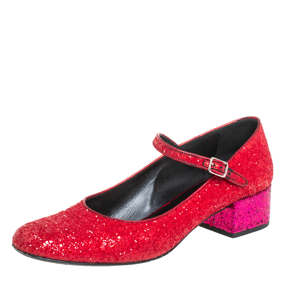 Pre-owned Saint Laurent Red/pink Glitter Babies Block Heel Pumps Size 41