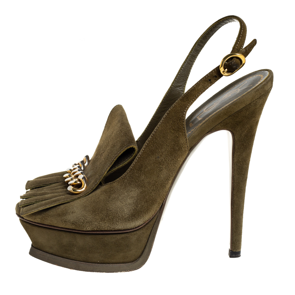 

Saint Laurent Olive Green Suede Tribute Fringe Slingback Sandals Size