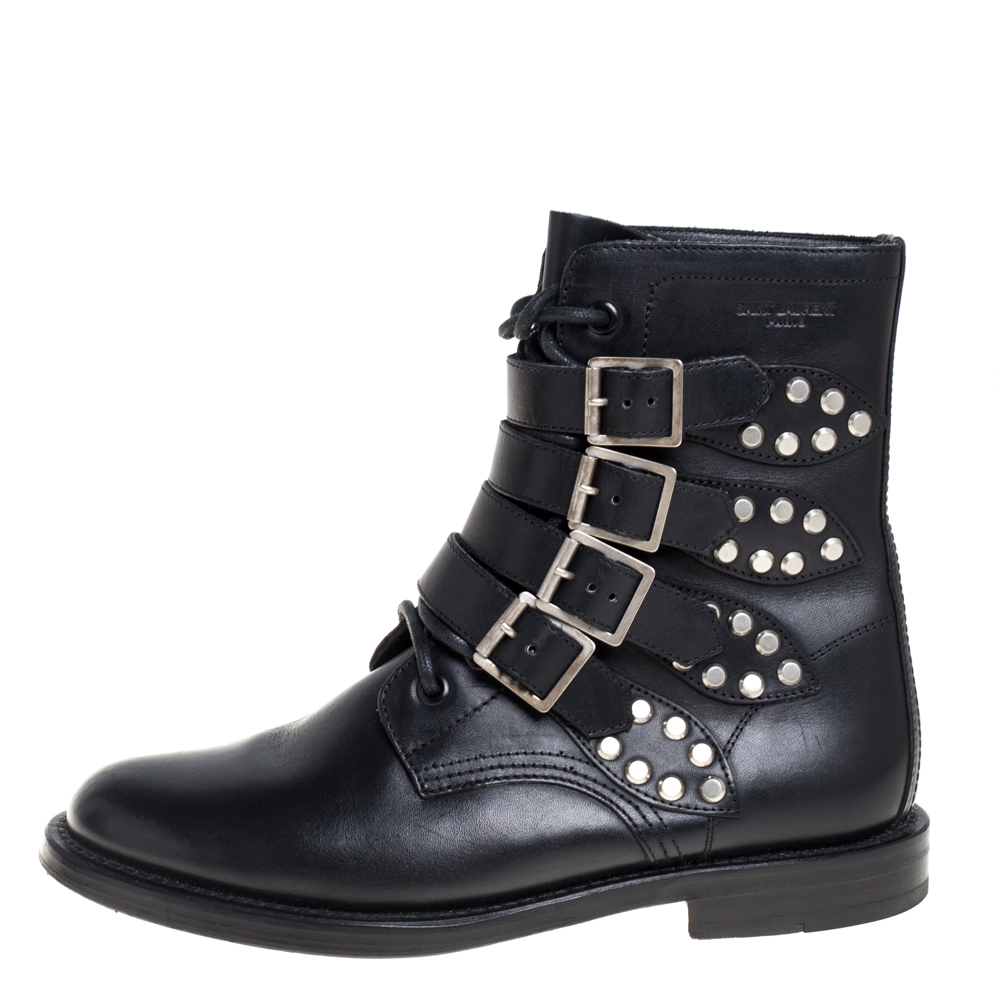 

Saint Laurent Black Leather Buckle Detail Ankle Boots Size