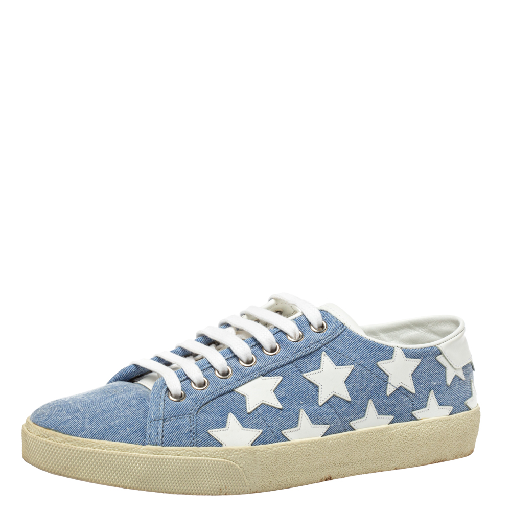 Pre-owned Saint Laurent Blue/white Denim And Leather Court Classic Star Low Top Sneakers Size 38.5