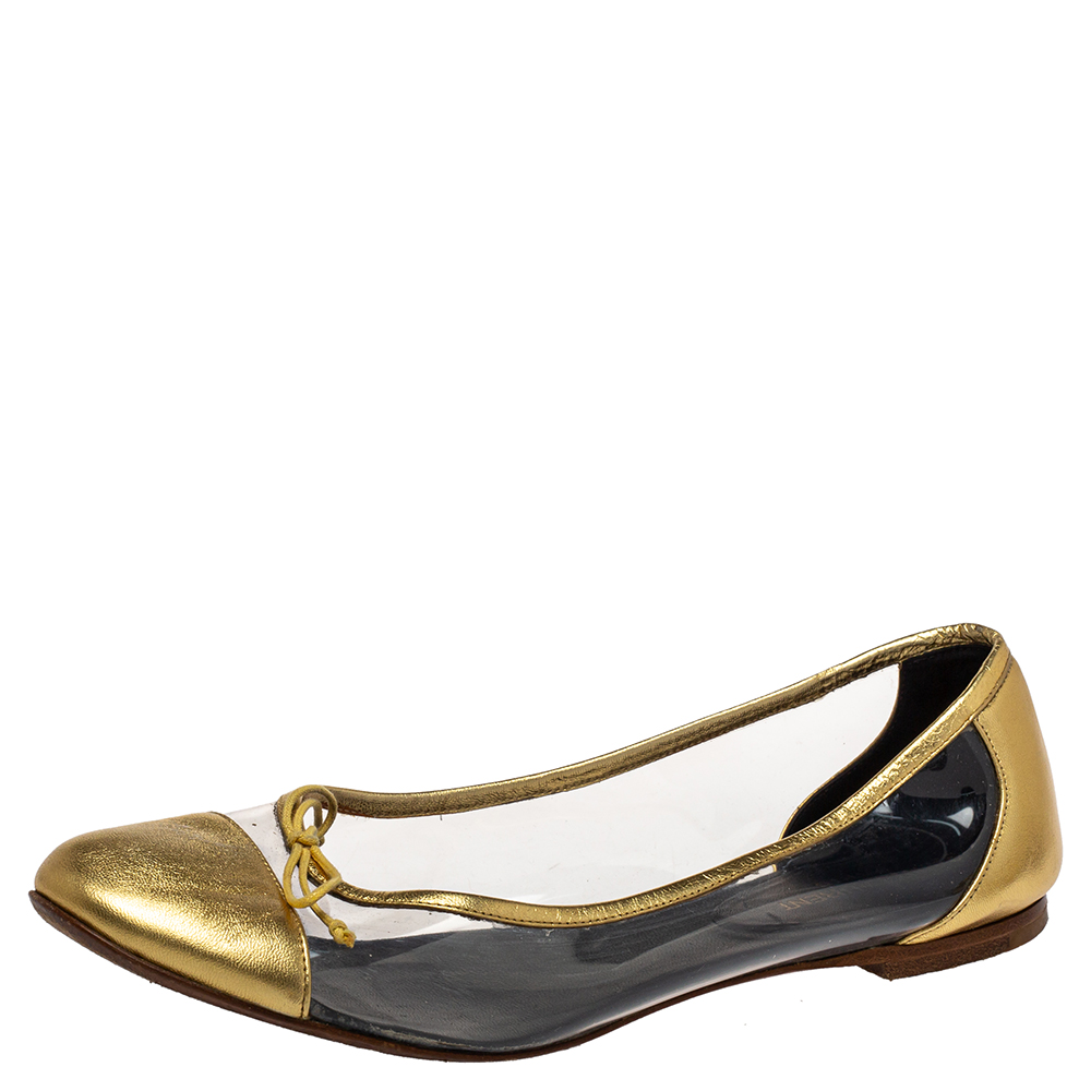 Pre-owned Saint Laurent Gold Leather And Pvc Ballet Flats Size 39.5