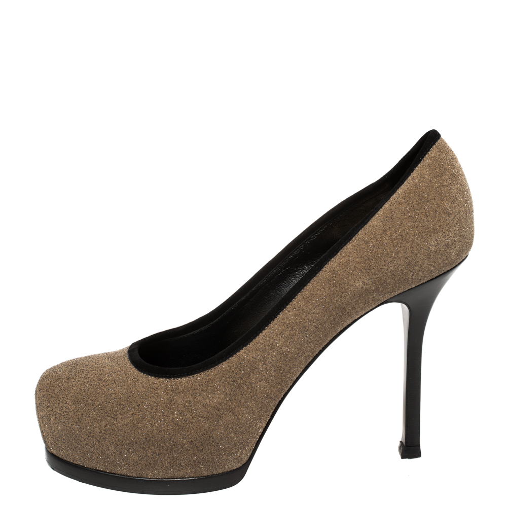 

Saint Laurent Brown/Black Suede And Glitter Platform Pumps Size