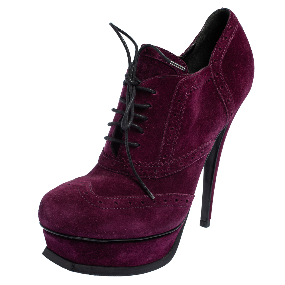 Pre-owned Saint Laurent Burgundy Suede Janis Ankle Boots Size 38