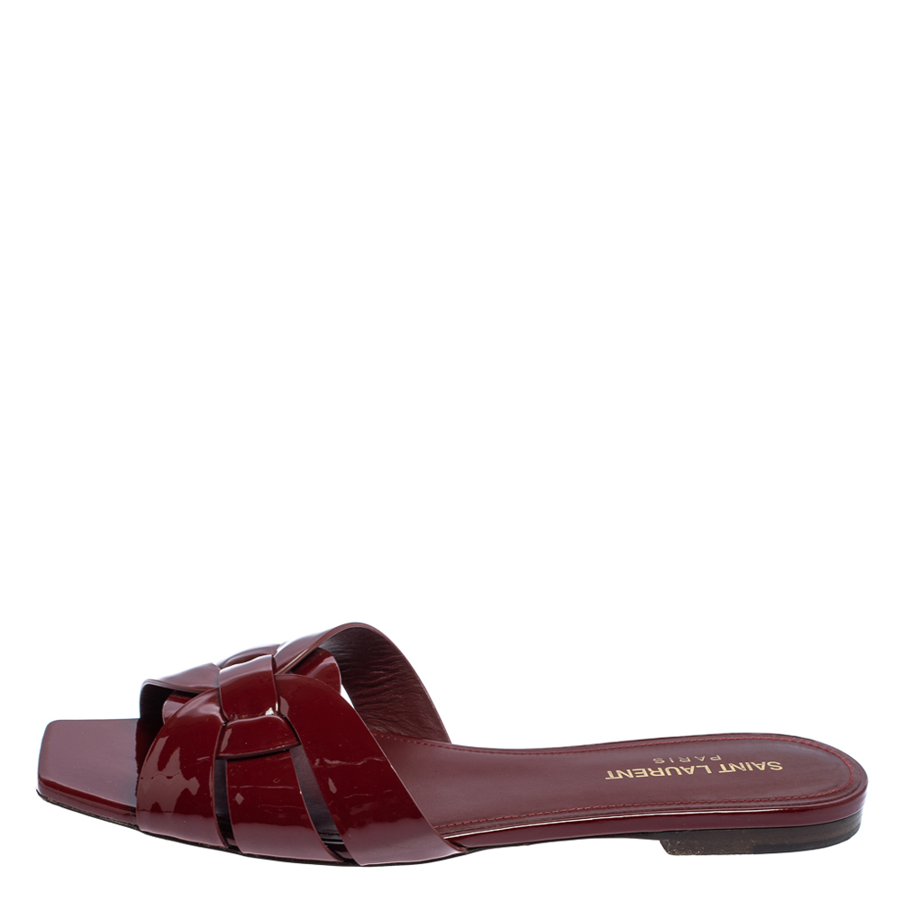 

Saint Laurent Burgundy Patent Leather Tribute Flat Slides Size