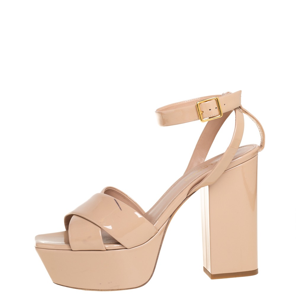 

Saint Laurent Beige Patent Leather Farrah Criss Cross Platform Sandals Size