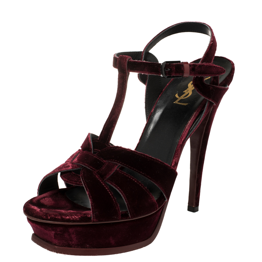 Pre-owned Saint Laurent Burgundy Velvet Tribute Ankle Strap Sandals Size 41