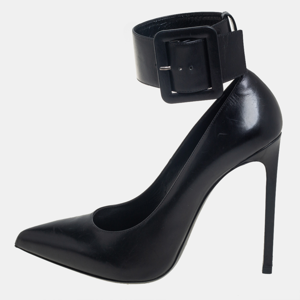 Pre-owned Saint Laurent Black Leather Escarpin Ankle Cuff Pumps Size 39