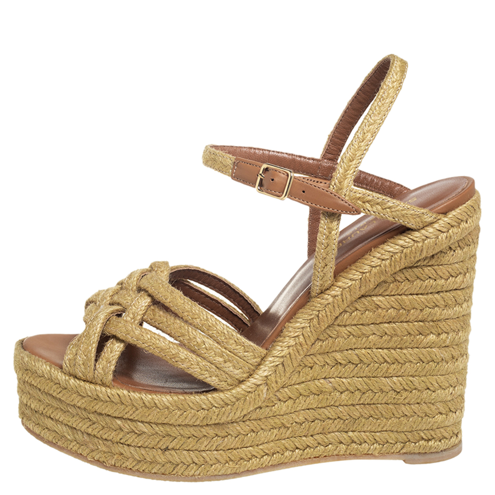 

Saint Laurent Beige Braided Jute Platform Wedge Ankle Strap Sandals Size