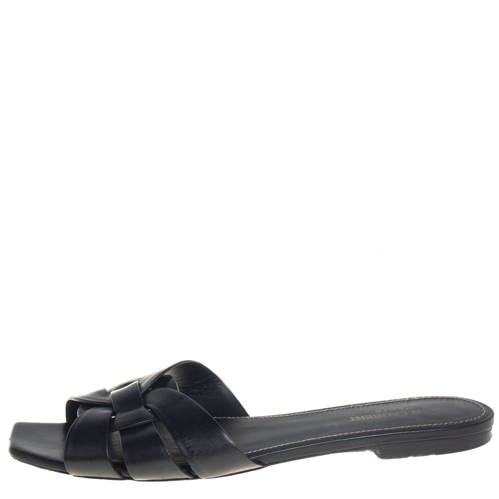 

Saint Laurent Black Leather Tribute Slide Sandals Size