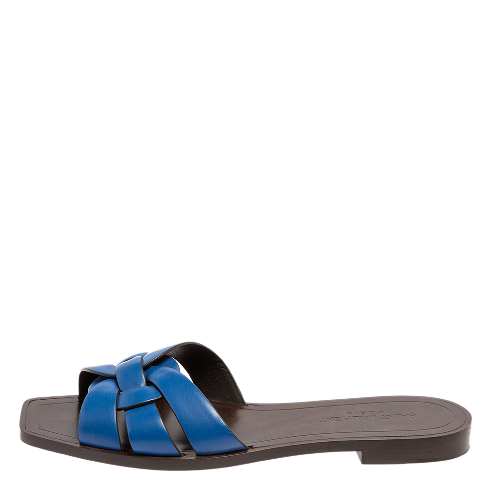 

Saint Laurent Blue Leather Tribute Slide Sandals Size
