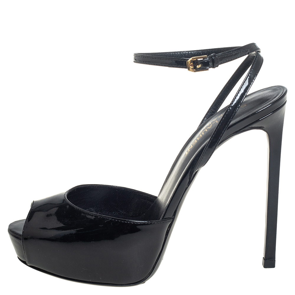 

Saint Laurent Black Patent Leather Peep Toe Sandals Size