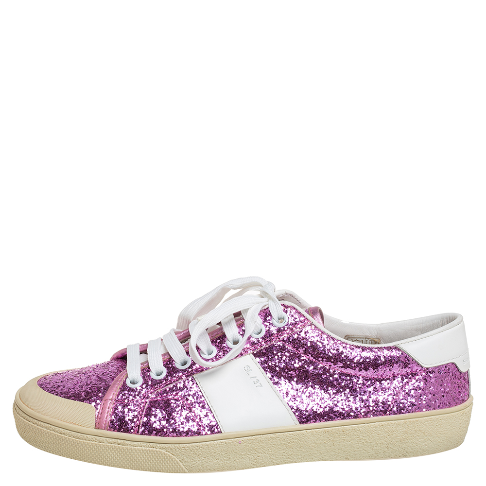 

Saint Laurent Pink/White Glitter And Leather Low Top Sneakers Size