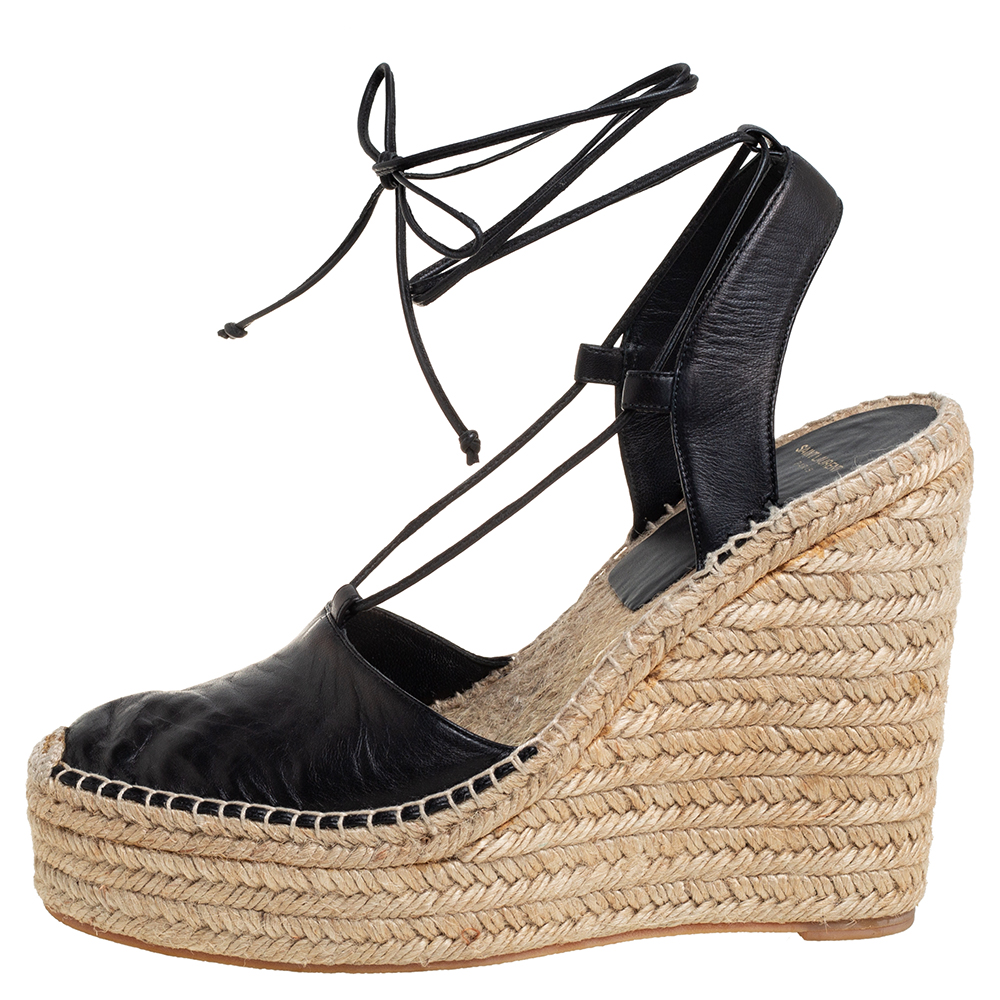 

Saint Laurent Black Leather Espadrille Wedge Sandals Size