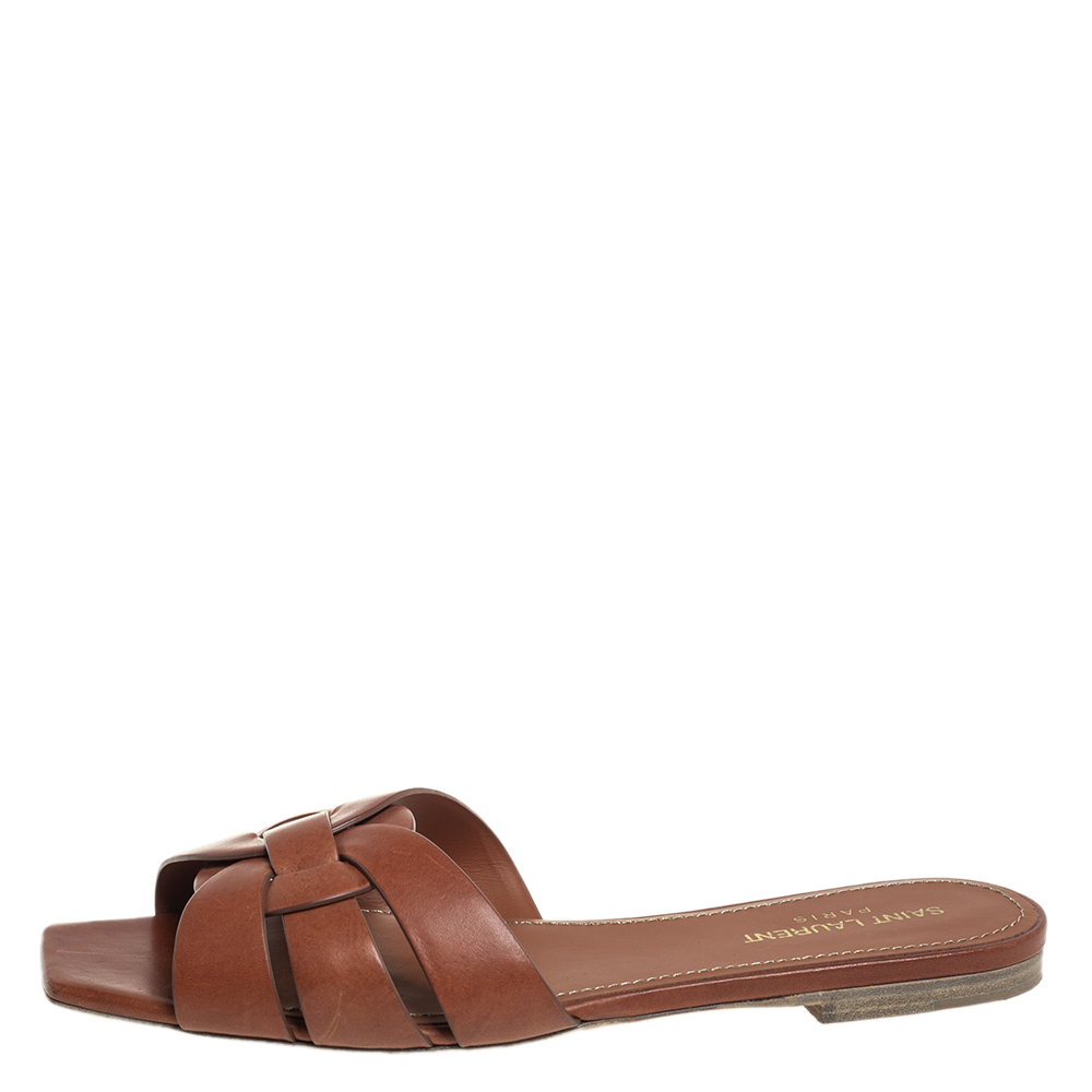 

Saint Laurent Brown Leather Tribute Flat Slides Size