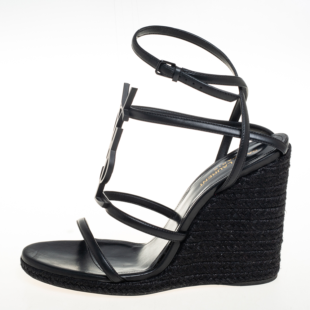 

Saint Laurent Black Leather Espadrille Wedge Sandals Size