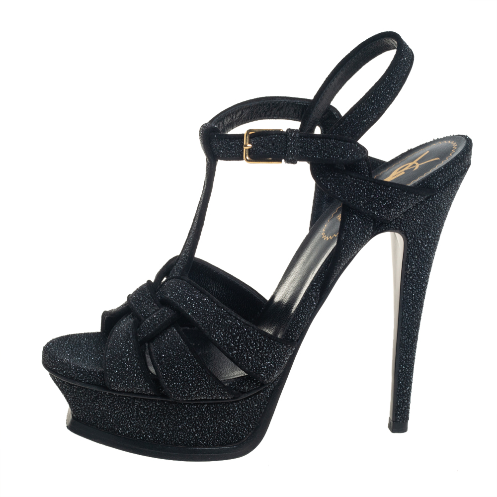 

Saint Laurent Black Glitter Tribute Platform Ankle Strap Sandals Size