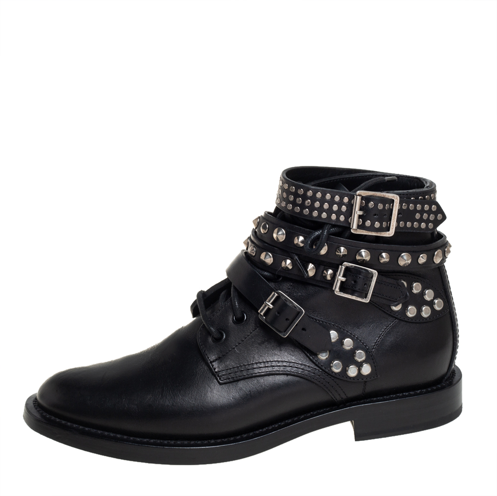 

Saint Laurent Black Leather Studded Rangers Ankle Boots Size