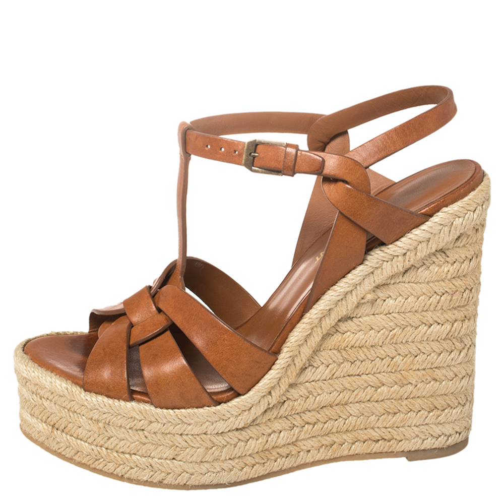 

Saint Laurent Brown Leather Tribute Espadrille Wedge Platform Sandals Size