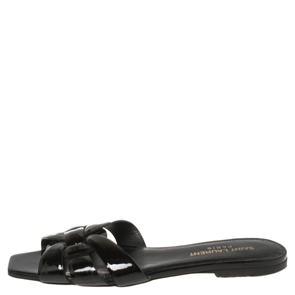 

Saint Laurent Paris Black Patent Leather Tribute Flat Slides Size