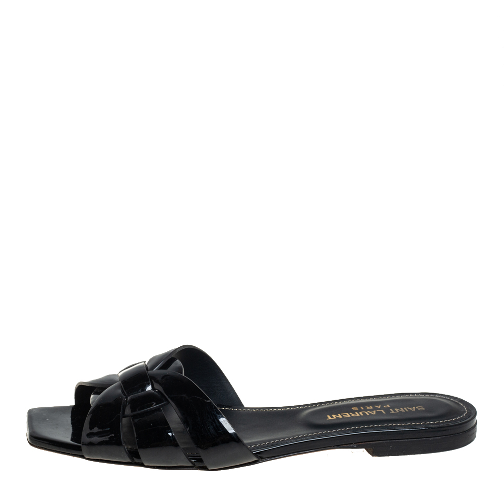 

Saint Laurent Black Patent Leather Tribute Flat Slides Size