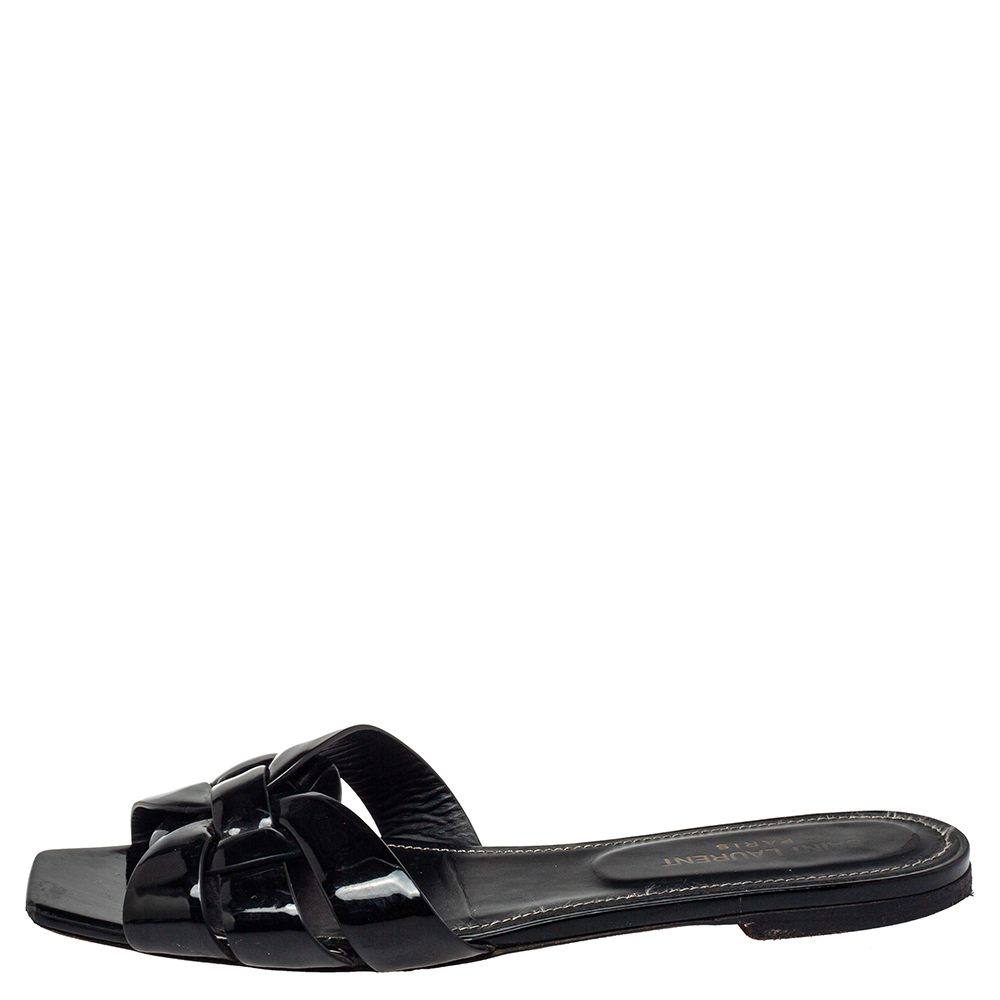 

Saint Laurent Patent Leather Tribute Flat Slides Size, Black