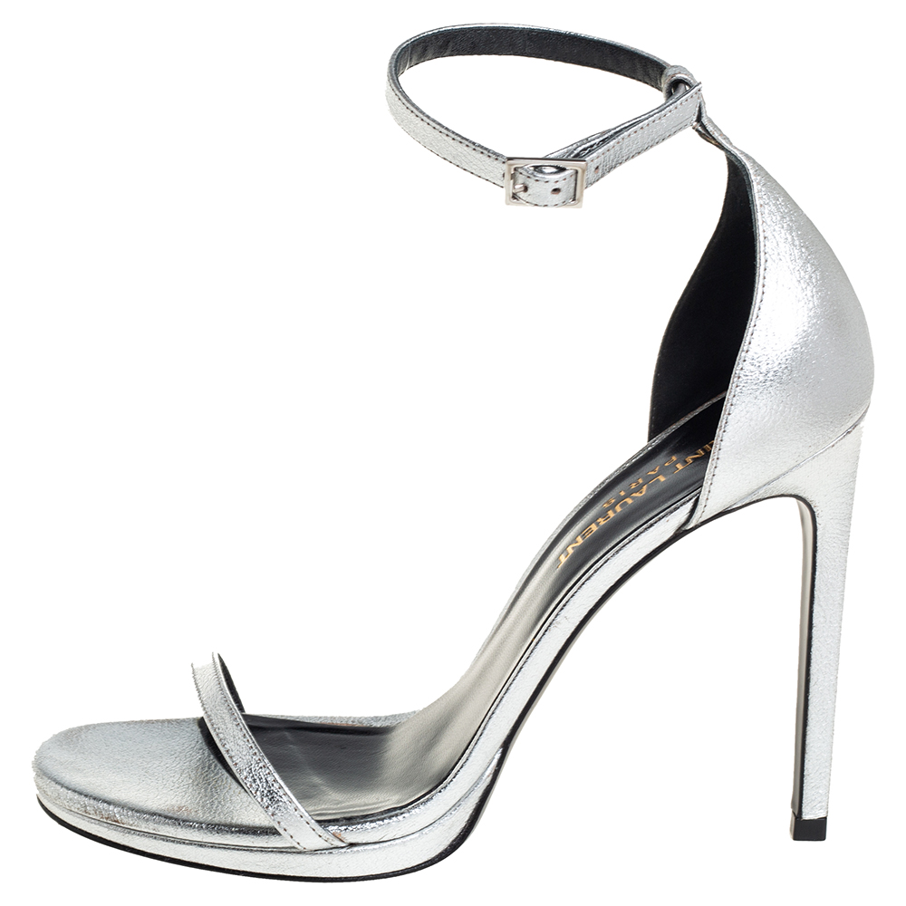 

Saint Laurent Silver Leather Jane Ankle Strap Sandals Size