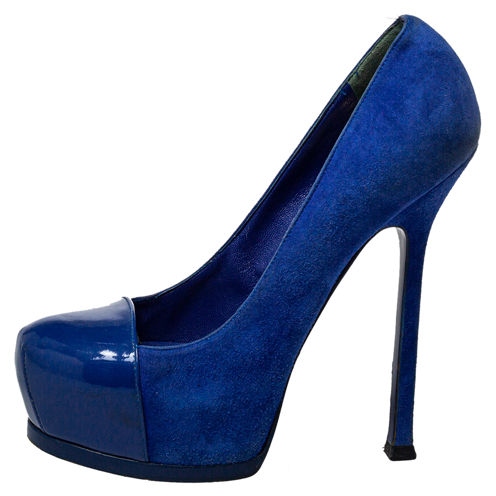 

Saint Laurent Blue Suede And Patent Leather Tribtoo Pumps Size
