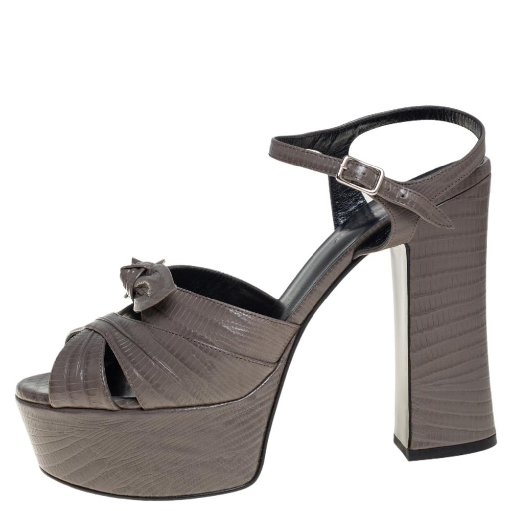 

Saint Laurent Grey Lizard Embossed Candy Platform Ankle Strap Sandals Size