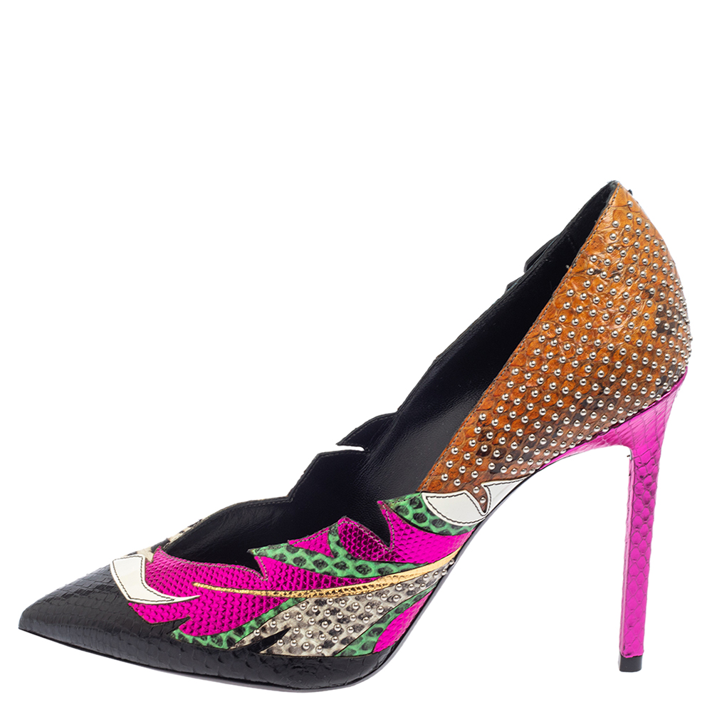 

Saint Laurent Multicolor Python And Calf Hair Anja Studded Feather Pump Size