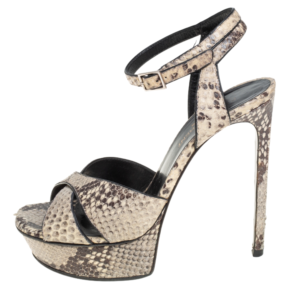 

Saint Laurent Black/Beige Python Embossed Leather Bianca Platform Sandals Size