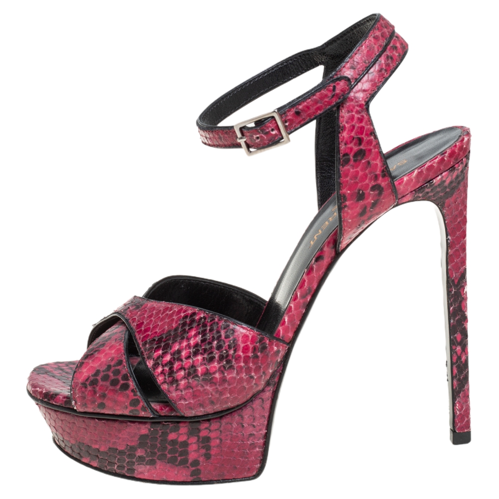 

Saint Laurent Pink/Black Python Embossed Leather Bianca Platform Sandals Size