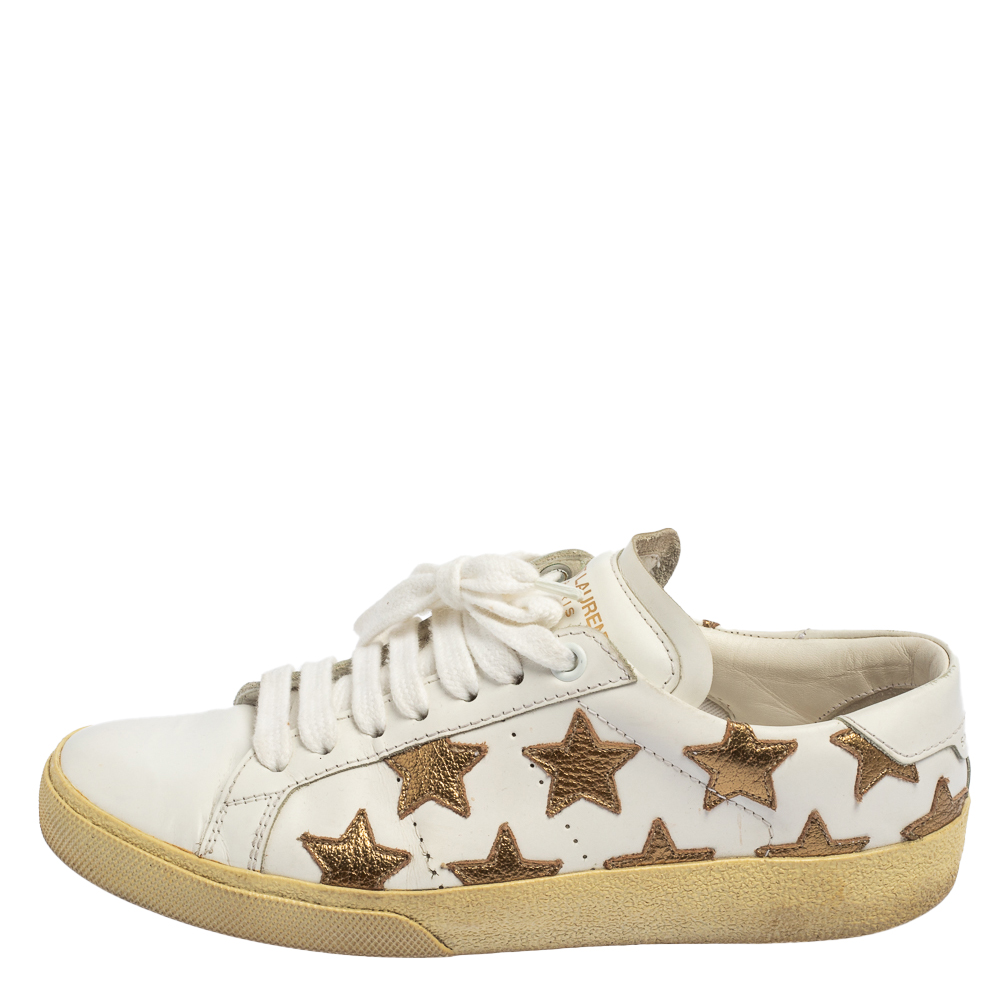 

Saint Laurent White/Gold Leather Star Alpha Low Top Sneakers Size