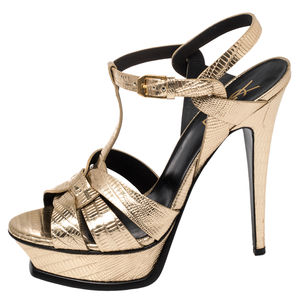 

Saint Laurent Gold Lizard Embossed Leather Tribute Sandals Size