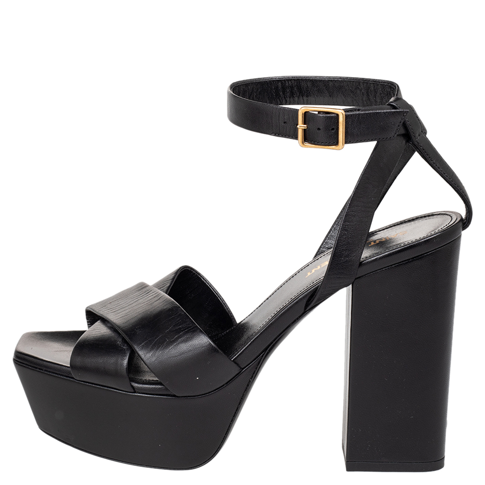 

Saint Laurent Black Leather Farrah Criss Cross Platform Ankle Strap Sandals Size