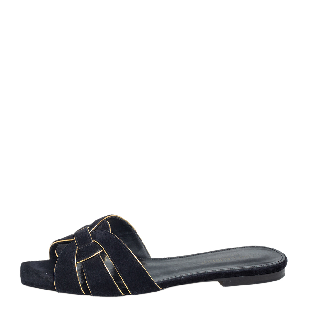

Saint Laurent Gold/Black Suede and Leather Trim Tribute Flats Size