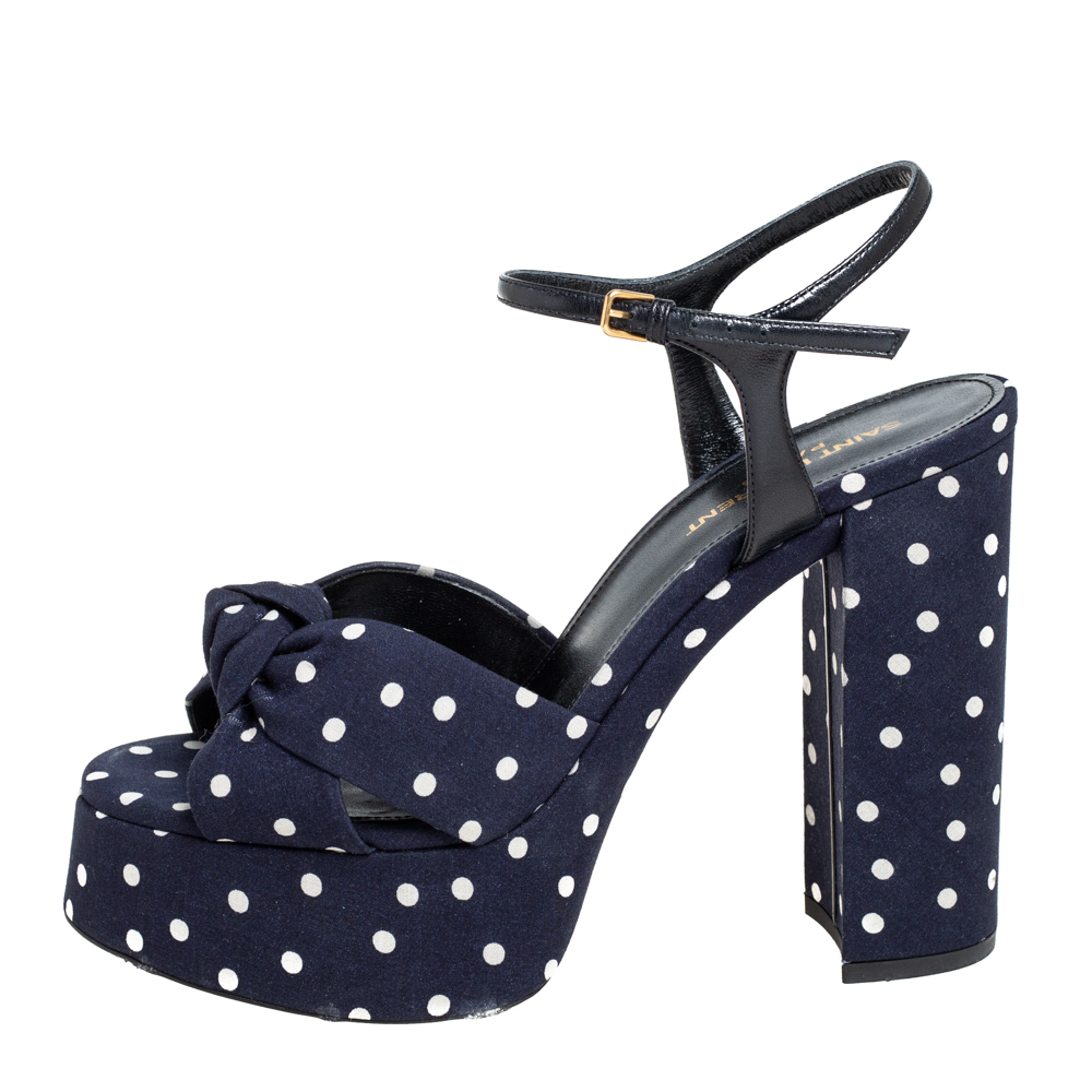 

Saint Laurent Navy Blue Polka Dot Fabric Bianca Knotted Ankle Strap Platform Sandals Size