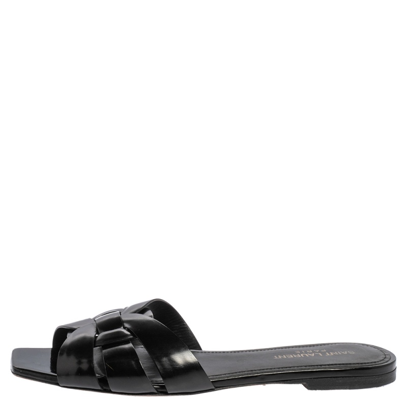 

Saint Laurent Black Leather Tribute Flat Sandals Size