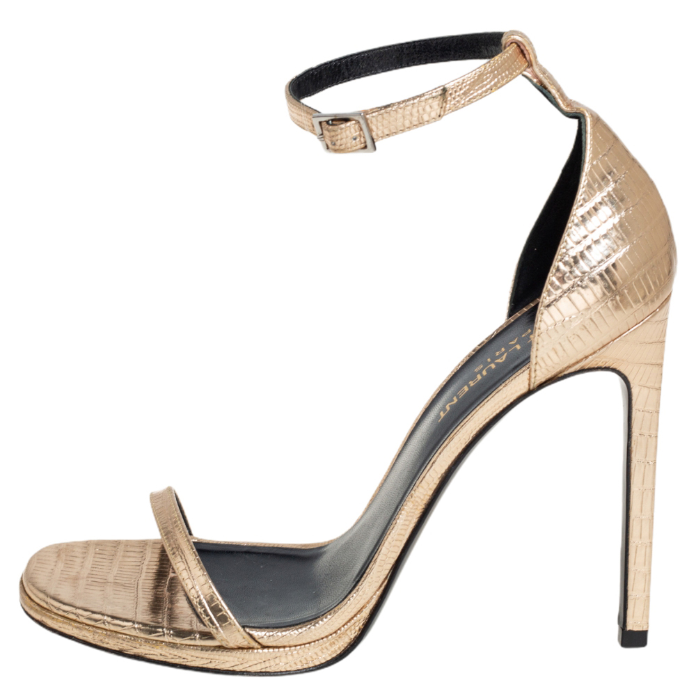 

Saint Laurent Gold Lizard Embossed Leather Jane Ankle Strap Sandals Size