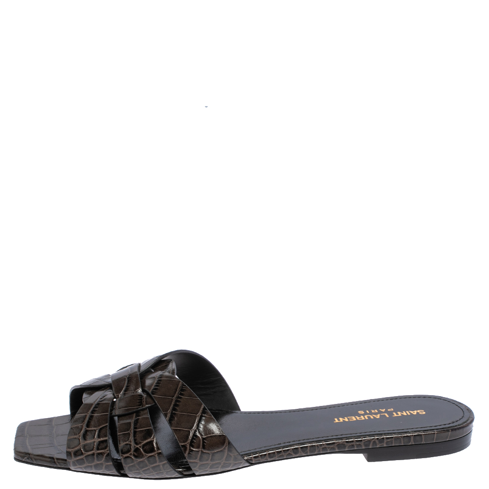 

Saint Laurent Dark Grey Croc Embossed Leather Tribute Flats Size