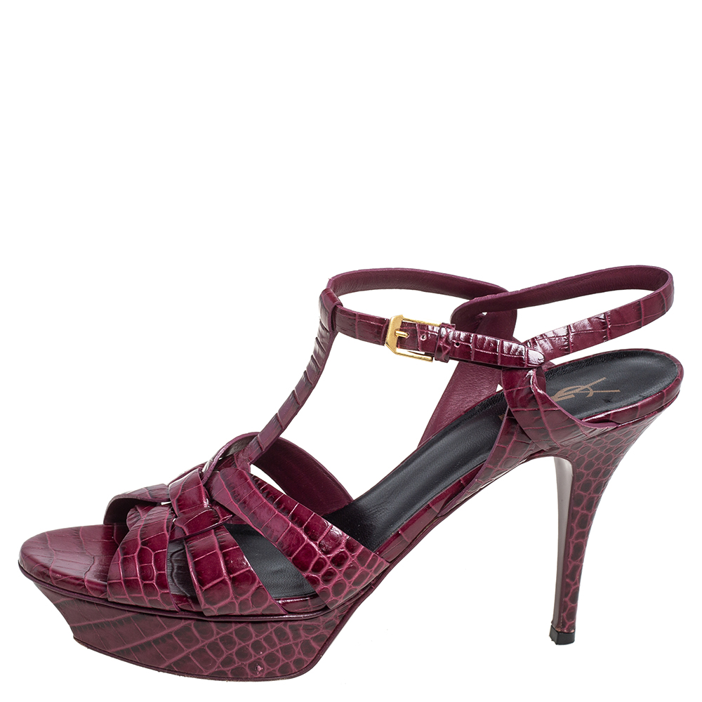 

Saint Laurent Magenta Croc Embossed Leather Tribute Sandals Size, Purple