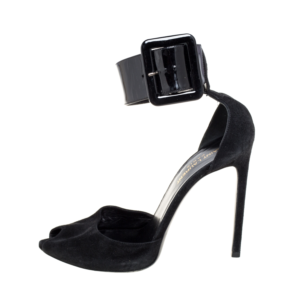 

Saint Laurent Black Suede and Patent Leather Ankle Cuff Peep Toe Sandals Size