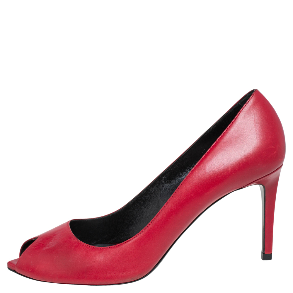 

Saint Laurent Red Leather Escarpin Peep Toe Pumps Size