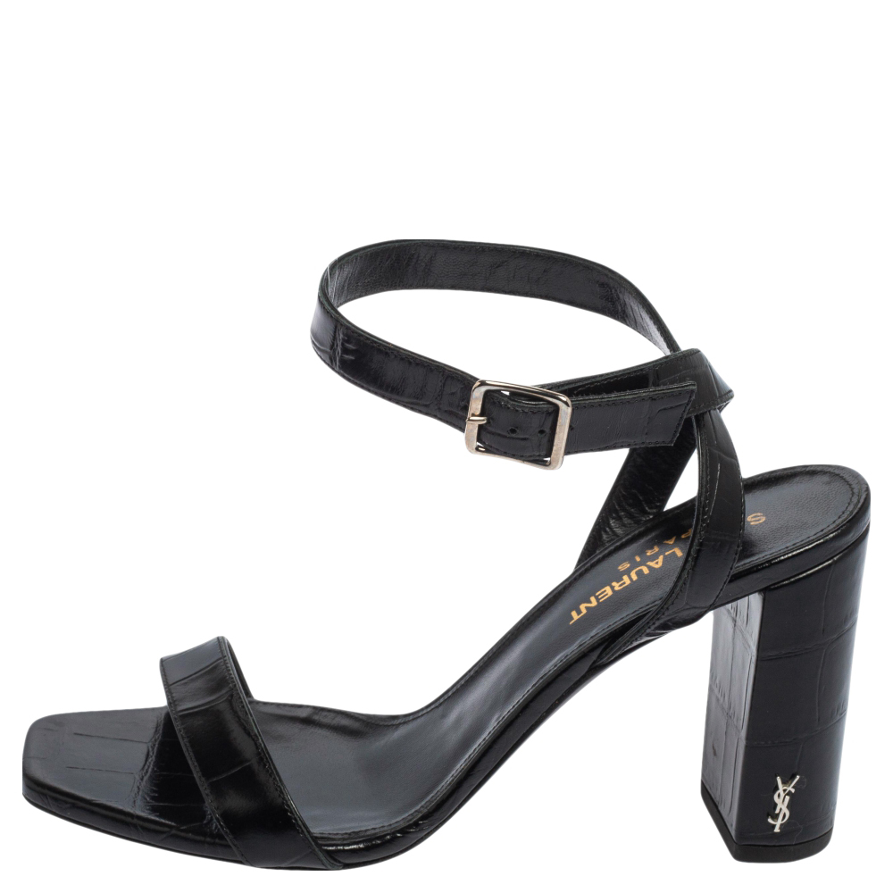 

Saint Laurent Black Croc Embossed Leather Loulou Ankle Strap Sandals Size