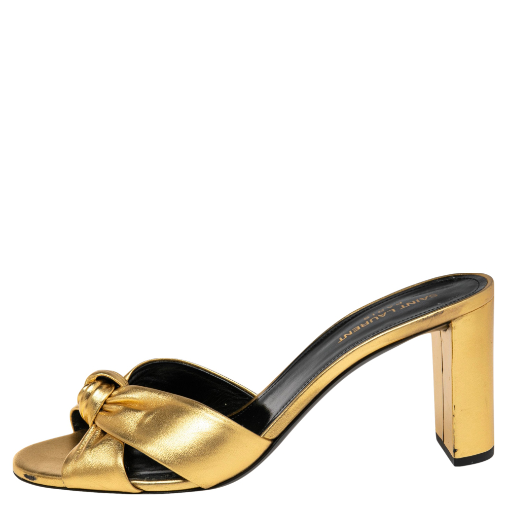 

Saint Laurent Gold Leather Bianca Knotted Slide Mules Size