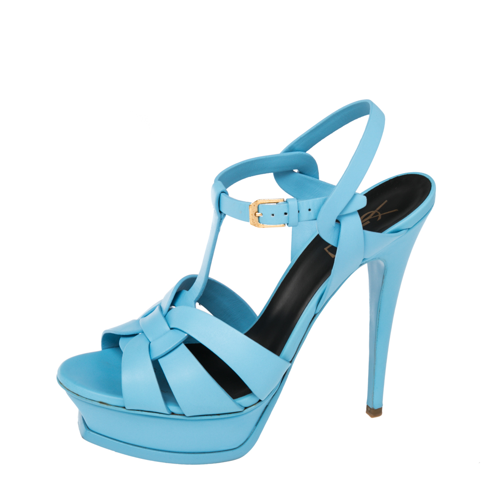 

Saint Laurent Blue Leather Tribute Platform Sandals Size