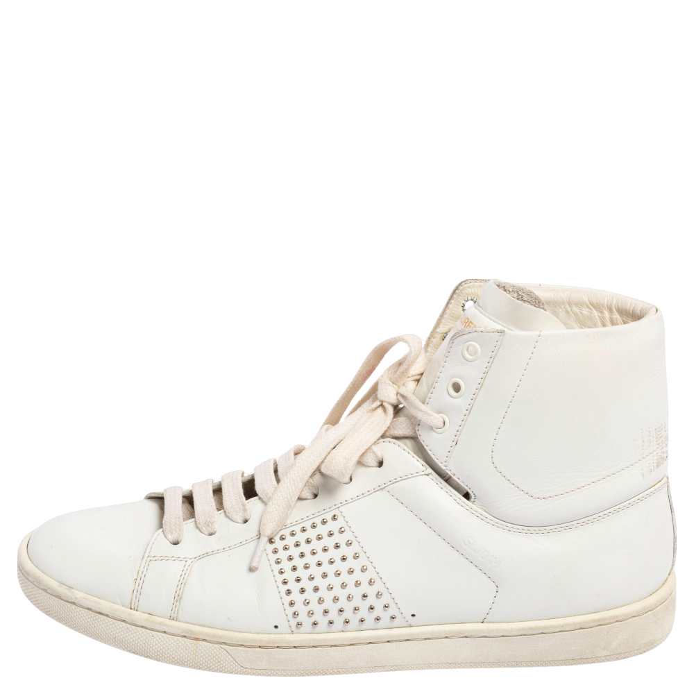

Saint Laurent White Leather Studded High Top Sneakers Size