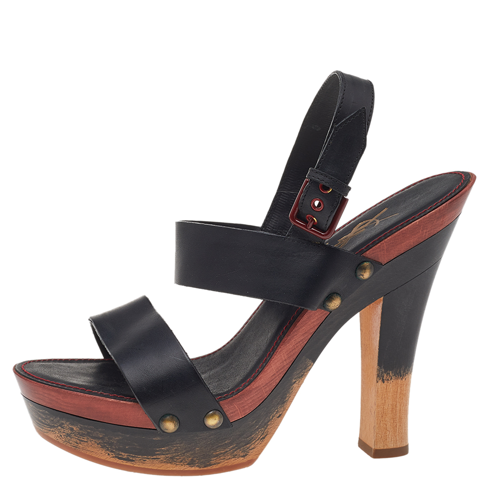 

Saint Laurent Black Leather Platform Ankle Strap Sandals Size