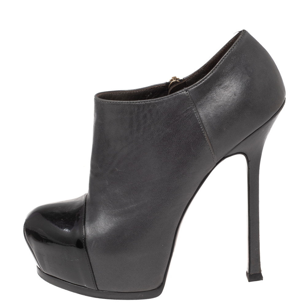 

Saint Laurent Grey/Black Leather And Patent Tribtoo Ankle Booties Size