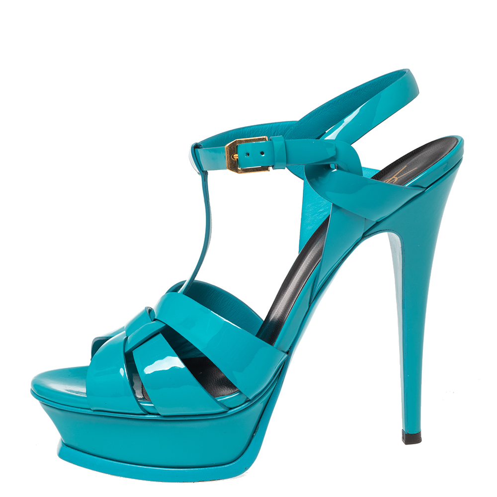 

Saint Laurent Aqua Blue Patent Leather Tribute Sandals Size